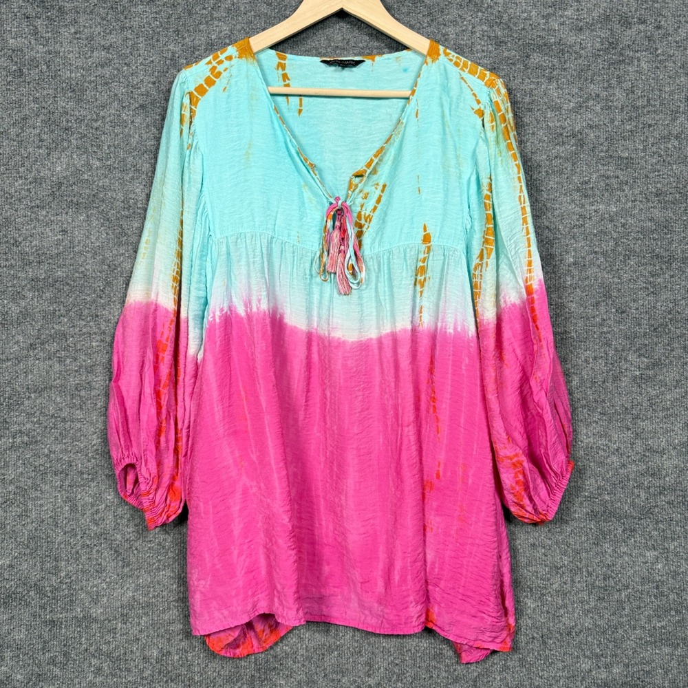 Tie-Dye Pink and Aqua V-Neck Women's Tunic Top